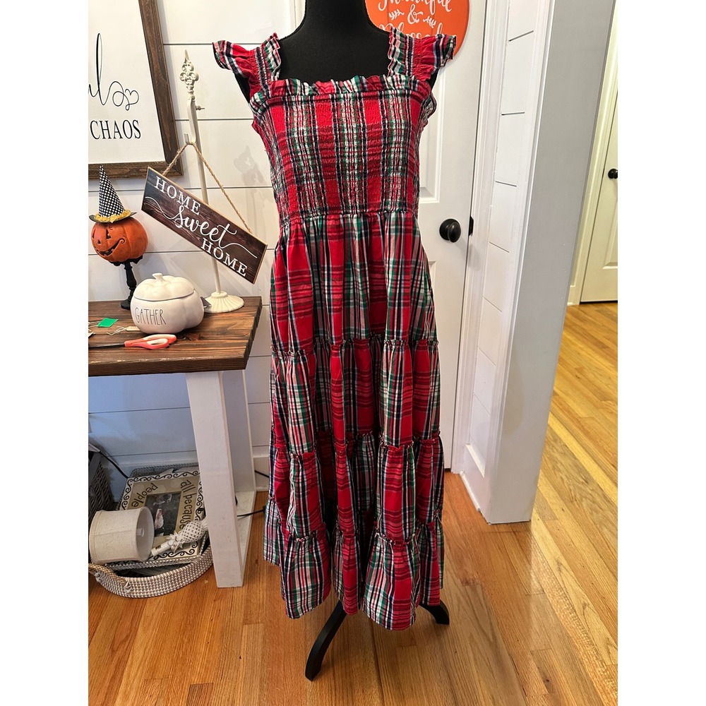 Crown & Ivy Red Plaid Smocked Tiered Midi Dress Womens 1X Holiday Cotton Ruffle